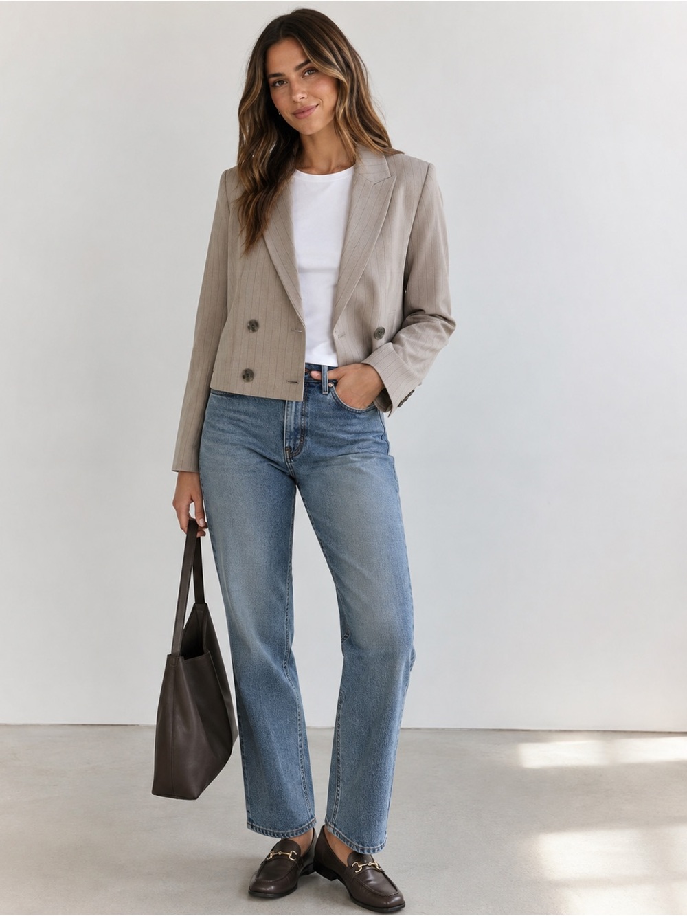 LOFT Versa Size 4 Taupe Pinstripe Cropped Double Breasted Blazer NWT